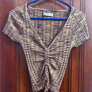 Arizona Jean Company Women's Short Sleeve Cinched Crop Top Purple/maroon &Yellow